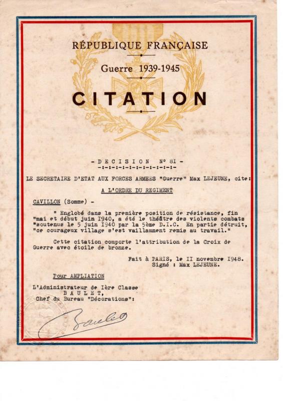 Citation De Cavillon Pour Faits De Guerre En Juin 1940